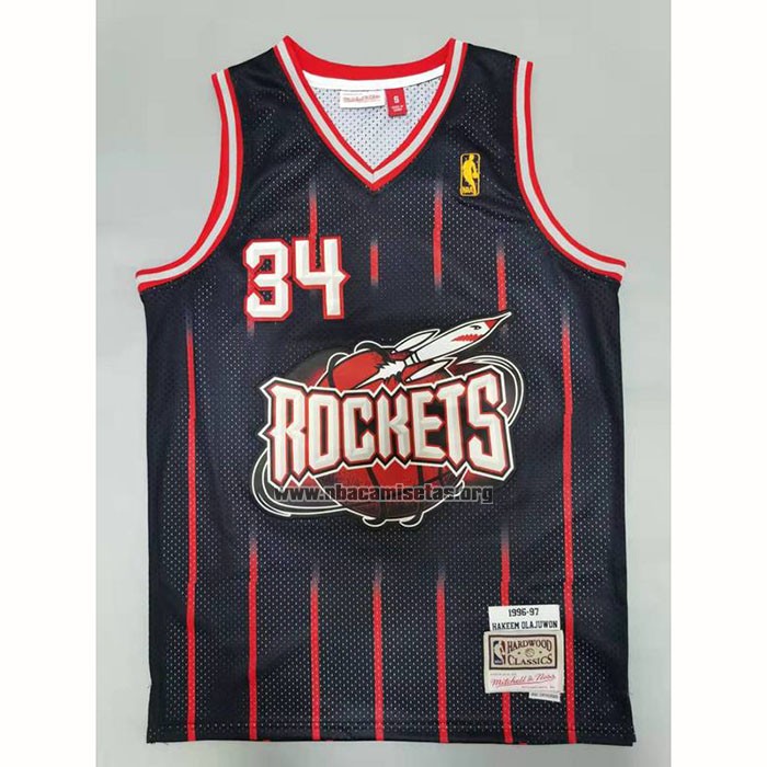 Camiseta Houston Rockets Hakeem Olajuwon NO 34 Mitchell & Ness 1996-97 Negro